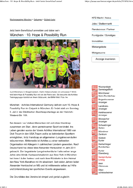Bericht über den 10. Hope & Possibility Run 2023 im Wochenanzeiger München